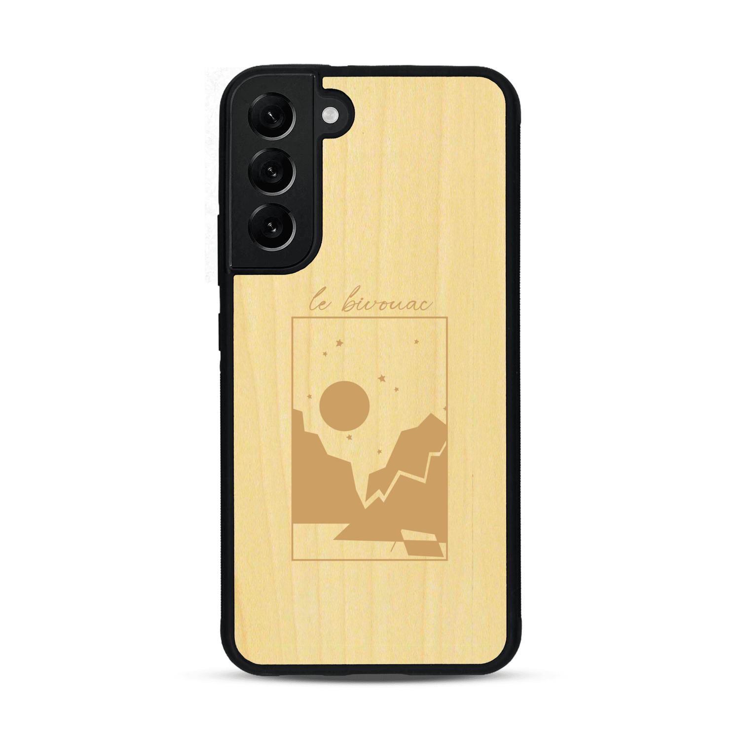 Coque de protection en bois véritable fabriquée en France pour  sur le thème du camping en pleine nature et du bivouac avec la phrase "Aventure is out there"