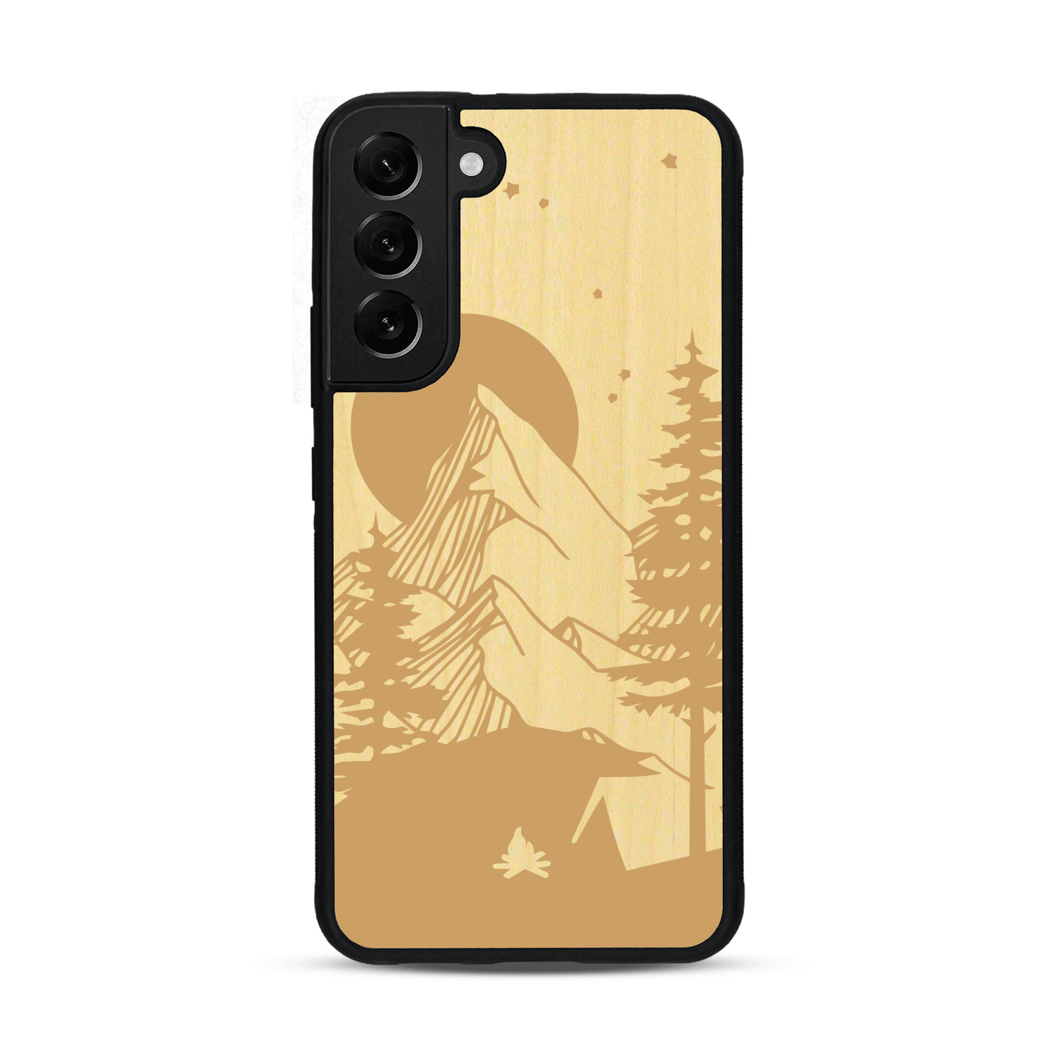 Coque de protection en bois véritable fabriquée en France pour  sur le thème du camping en pleine nature représentant une tente avec un feu de camp entouré de montagnes