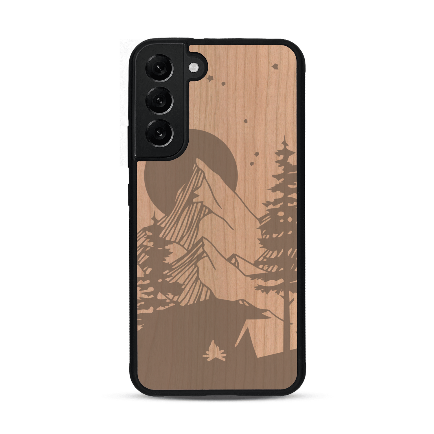 Coque de protection en bois véritable fabriquée en France pour  sur le thème du camping en pleine nature représentant une tente avec un feu de camp entouré de montagnes