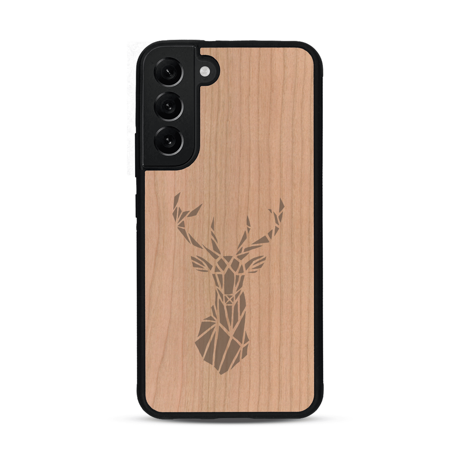 Coque de protection en bois véritable fabriquée en France pour  sur le thème de la nature et des animaux représentant une tête de cerf gométrique avec un design moderne et minimaliste