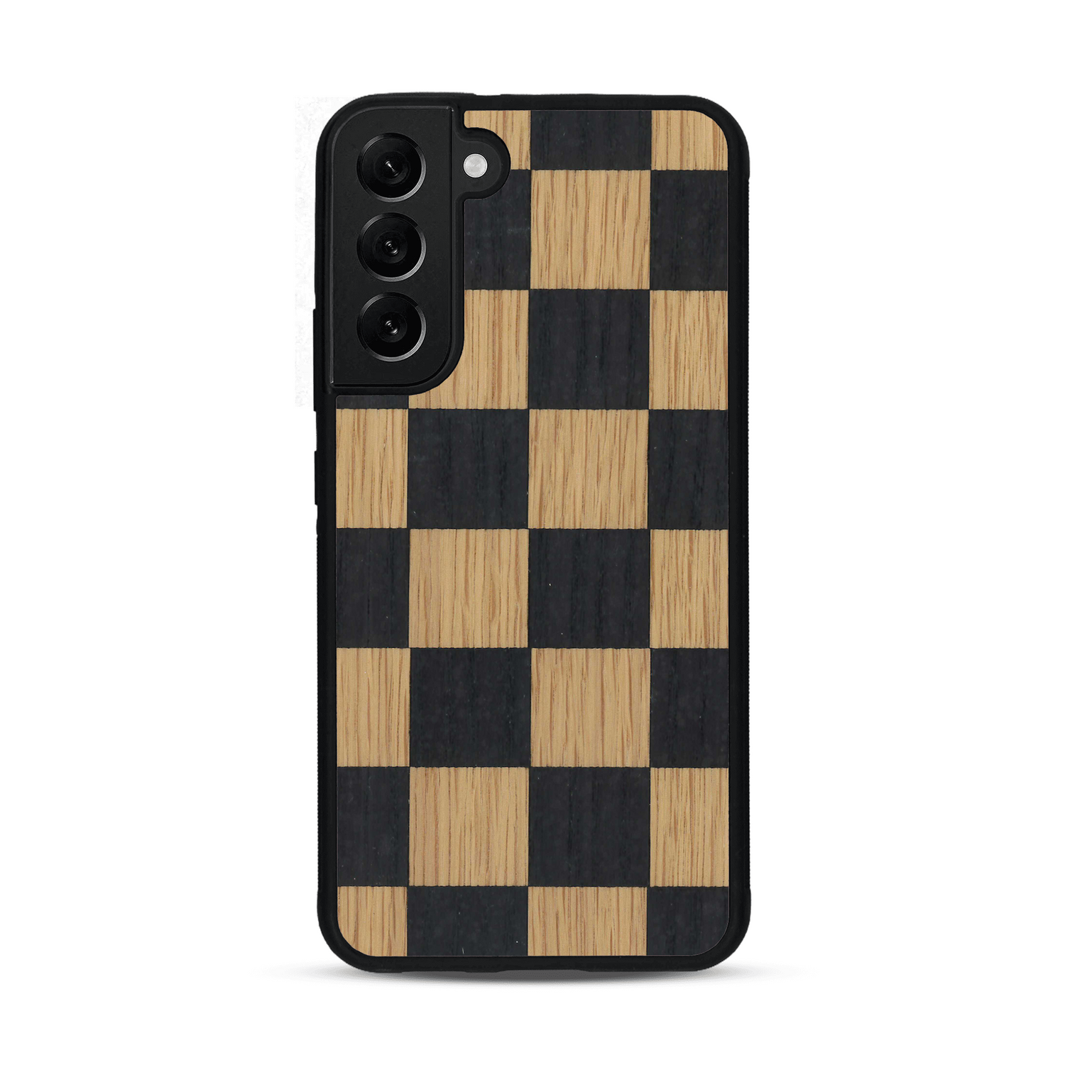 Coque de protection en bois véritable fabriquée en France pour  alliant plusieurs essences de bois pour représenter un damier