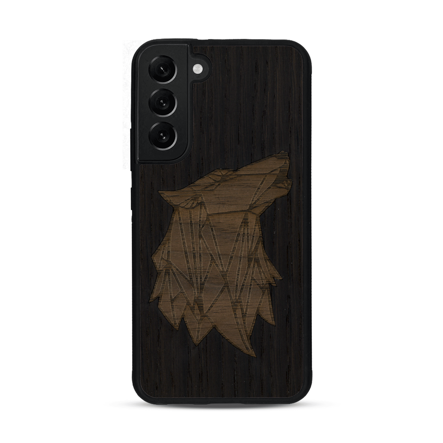 Coque de protection en bois véritable fabriquée en France pour  alliant du chêne fumé et du noyer représentant une tête de loup géométrique de profil sur le thème des animaux et de la nature
