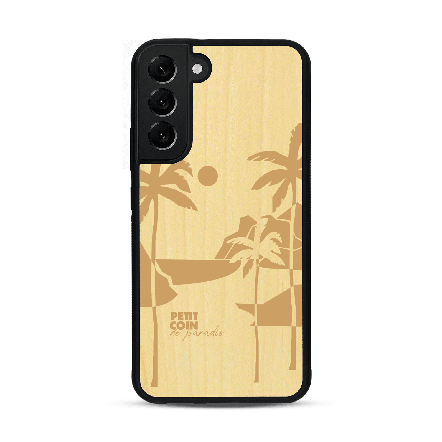 Coque de protection en bois véritable fabriquée en France pour  sur le thème des voyages en vans, vanlife et chill avec une gravure représentant un van vw combi devant le soleil couchant sur une plage avec des vagues