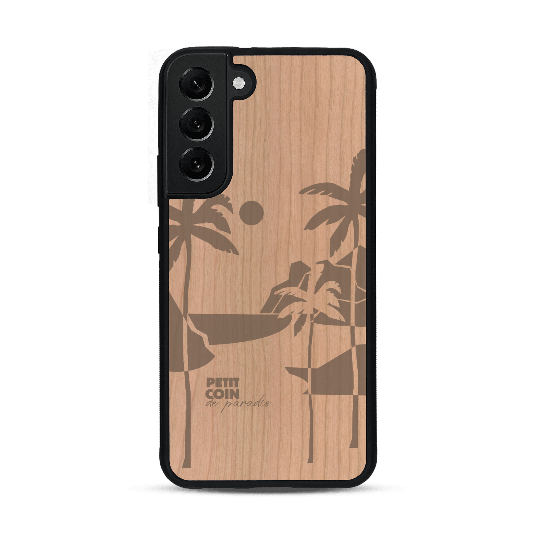 Coque de protection en bois véritable fabriquée en France pour  sur le thème des voyages en vans, vanlife et chill avec une gravure représentant un van vw combi devant le soleil couchant sur une plage avec des vagues