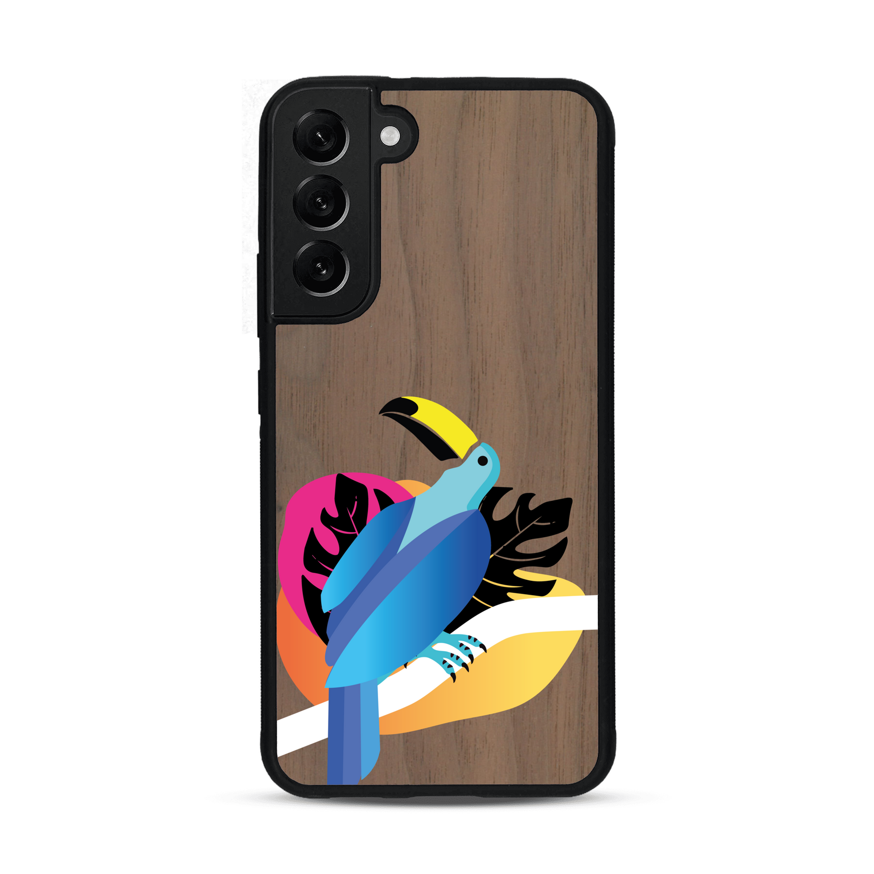Coque de protection en bois véritable fabriquée en France pour Samsung S22+ représentant un toucan coloré avec un design moderne et minimaliste sur le thème de la jungle et de la nature