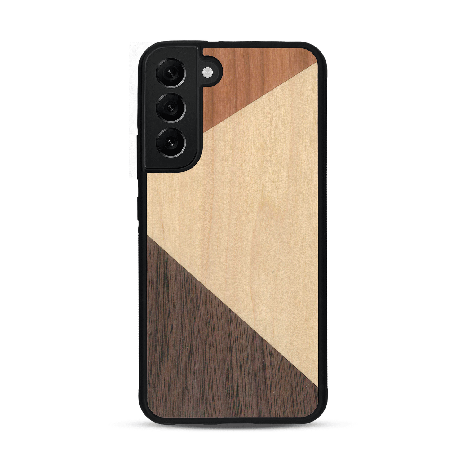 Coque de protection en bois véritable fabriquée en France pour  alliant du merisier, du noyer et du bambou formant chacun deux triangles et un trapèze avec deux jointures en diagonale sur le thème de l'art abstrait