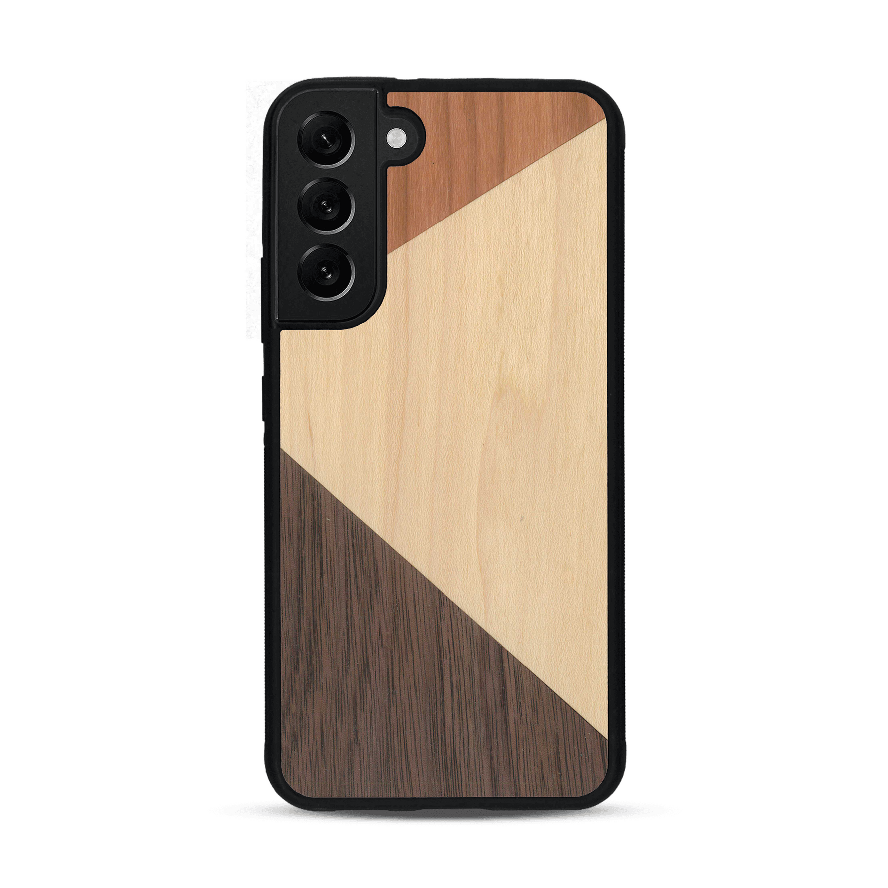 Coque de protection en bois véritable fabriquée en France pour  alliant du merisier, du noyer et du bambou formant chacun deux triangles et un trapèze avec deux jointures en diagonale sur le thème de l'art abstrait