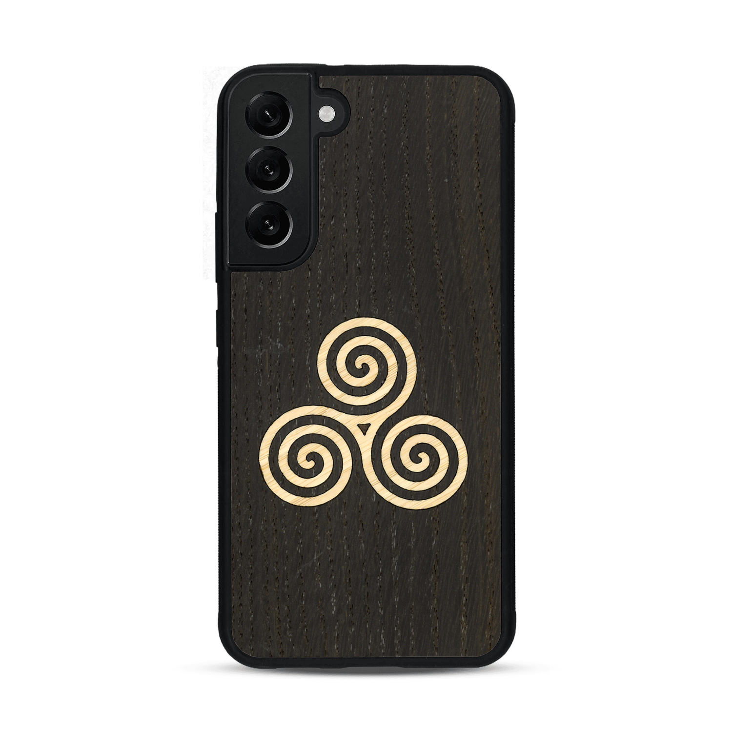 Coque de protection en bois véritable fabriquée en France pour  alliant du chêne fumé et du bambou et doré représentant un triskell
