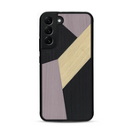 Coque de protection en bois véritable fabriquée en France pour  alliant du bambou, du tulipier mauve et noir en forme de mosaïque minimaliste sur le thème de l'art abstrait