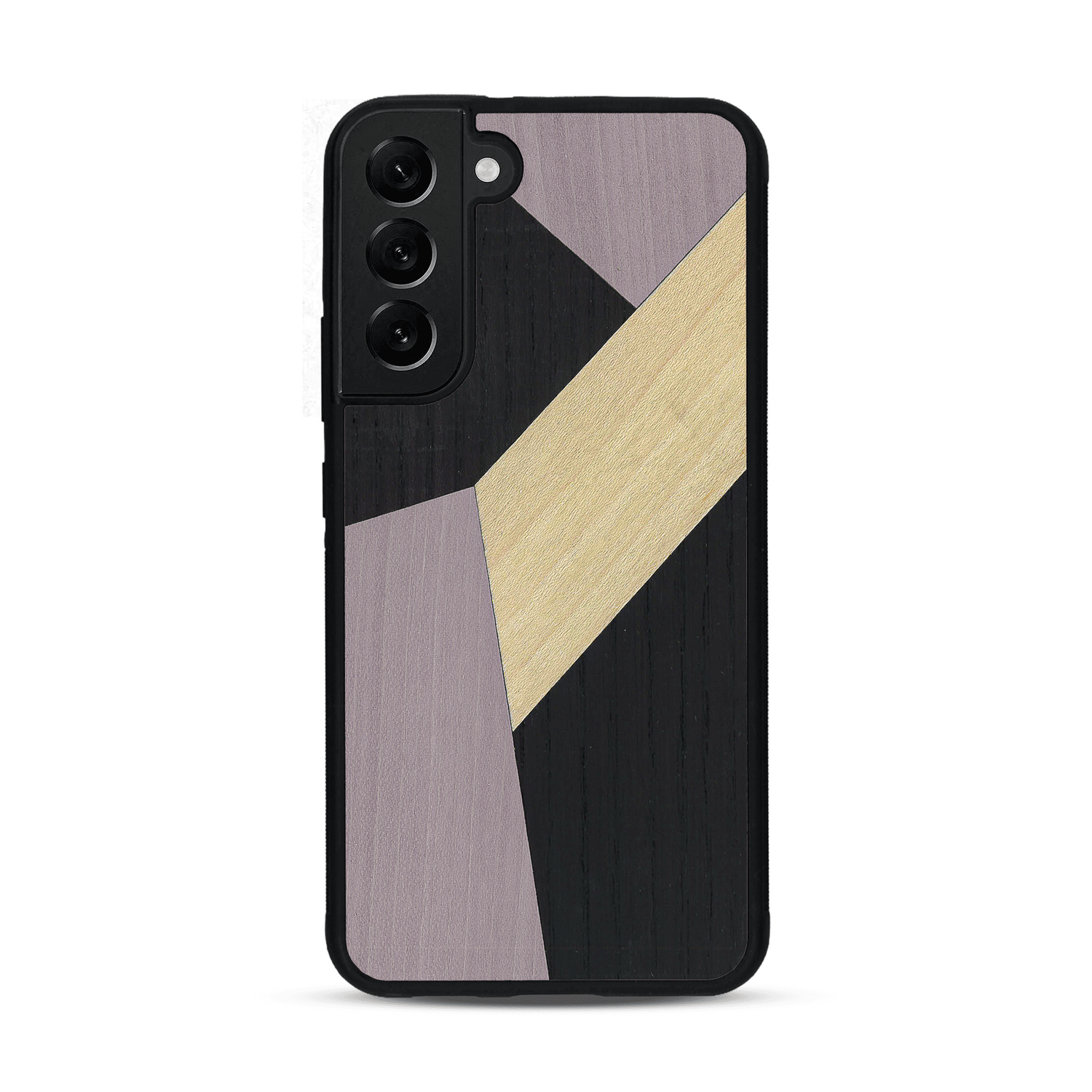 Coque de protection en bois véritable fabriquée en France pour  alliant du bambou, du tulipier mauve et noir en forme de mosaïque minimaliste sur le thème de l'art abstrait