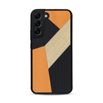 Coque de protection en bois véritable fabriquée en France pour  alliant du bambou, du tulipier orange et noir en forme de mosaïque minimaliste sur le thème de l'art abstrait