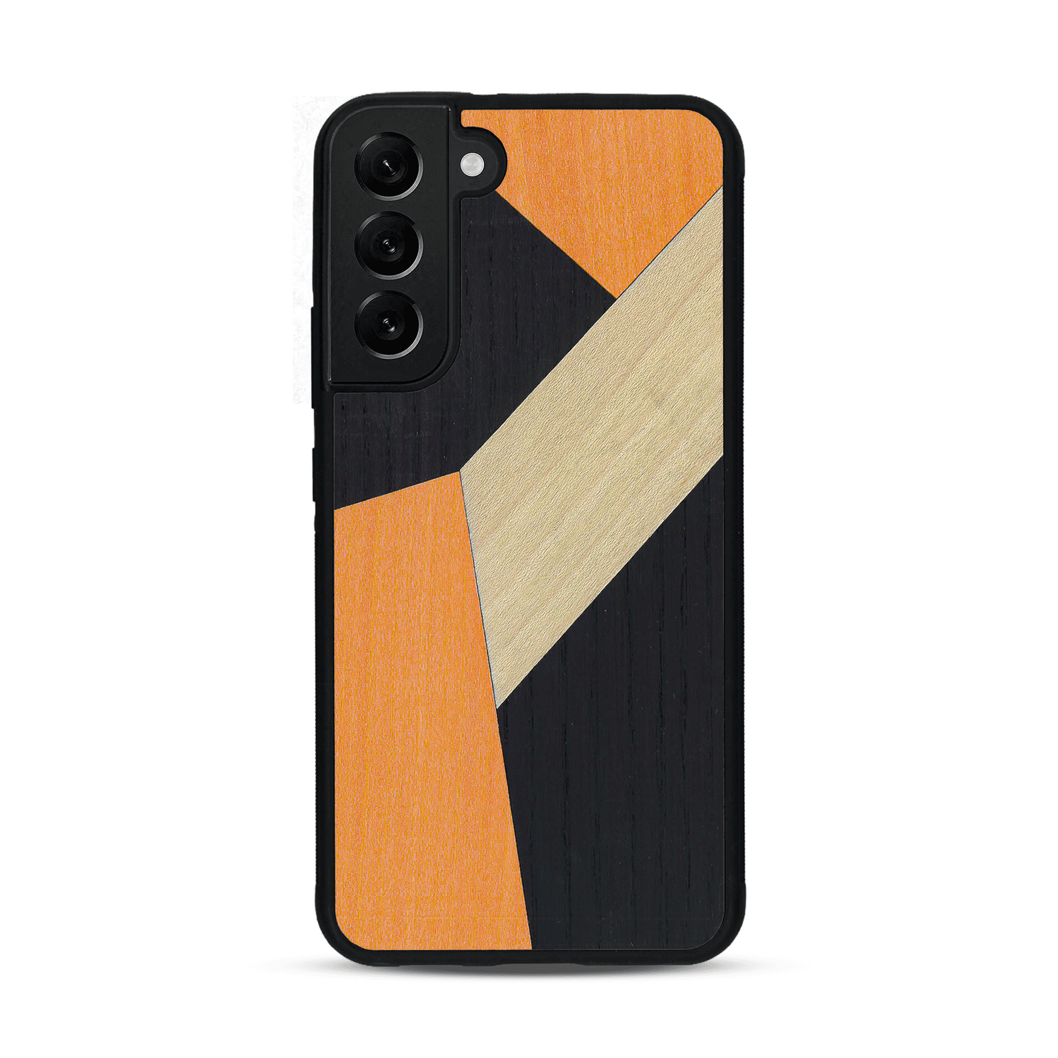 Coque de protection en bois véritable fabriquée en France pour  alliant du bambou, du tulipier orange et noir en forme de mosaïque minimaliste sur le thème de l'art abstrait