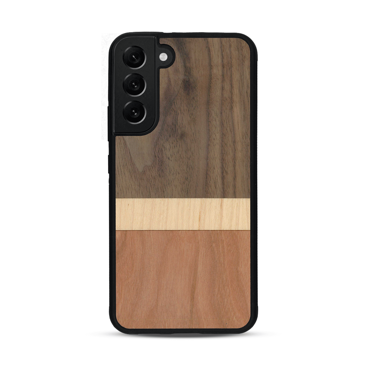 Coque de protection en bois véritable fabriquée en France pour  alliant des bandes horizontales de bambou, merisier et noyer
