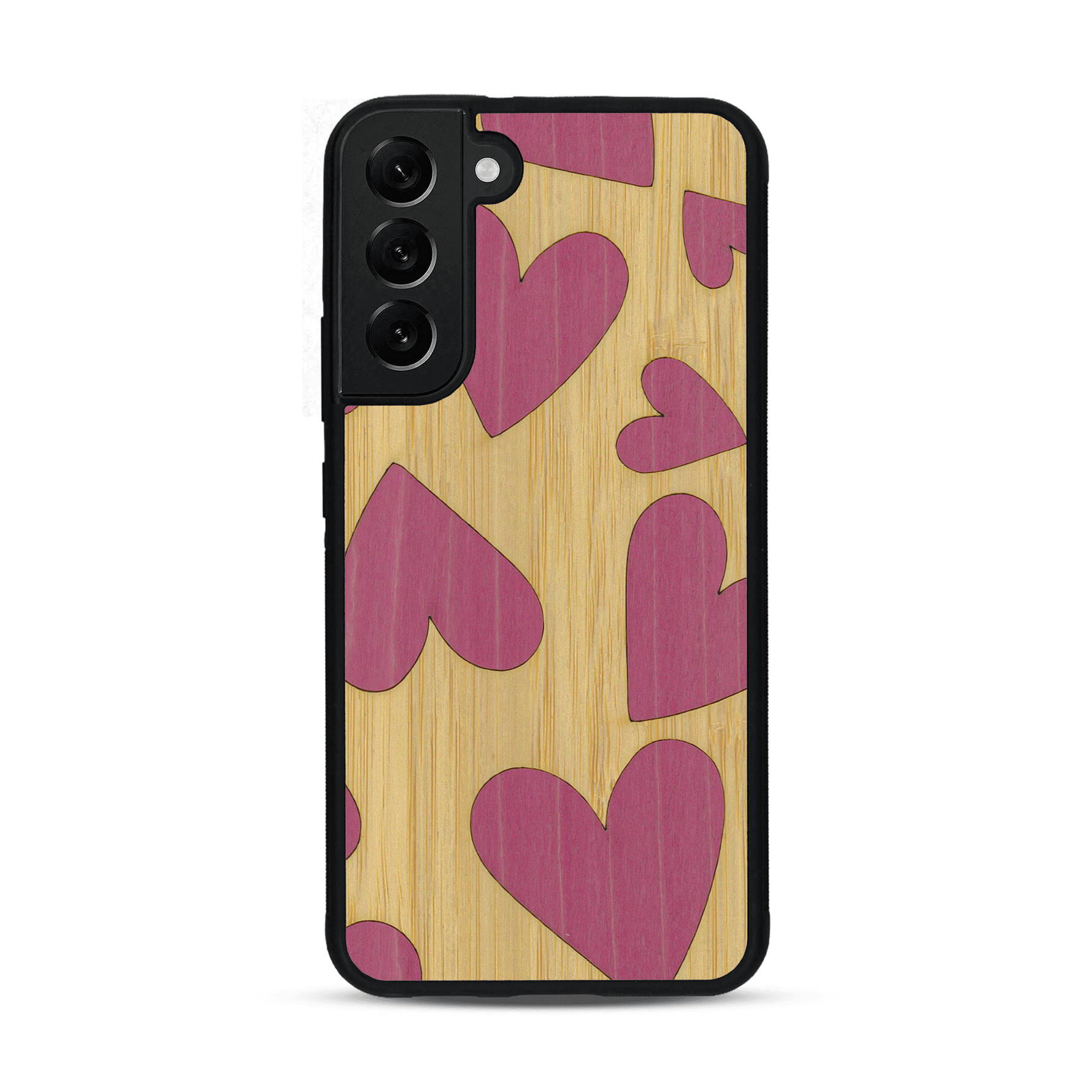 Coque de protection en bois véritable fabriquée en France pour  alliant plusieurs essences de bois pour représenter des coeurs pour les amoureux