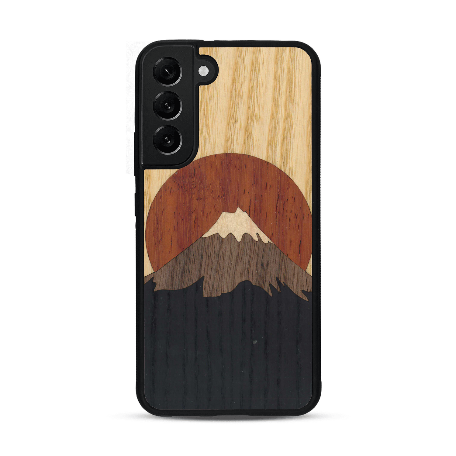 Coque de protection en bois véritable fabriquée en France pour  alliant plusieurs essences de bois pour représenter le mont Fuji