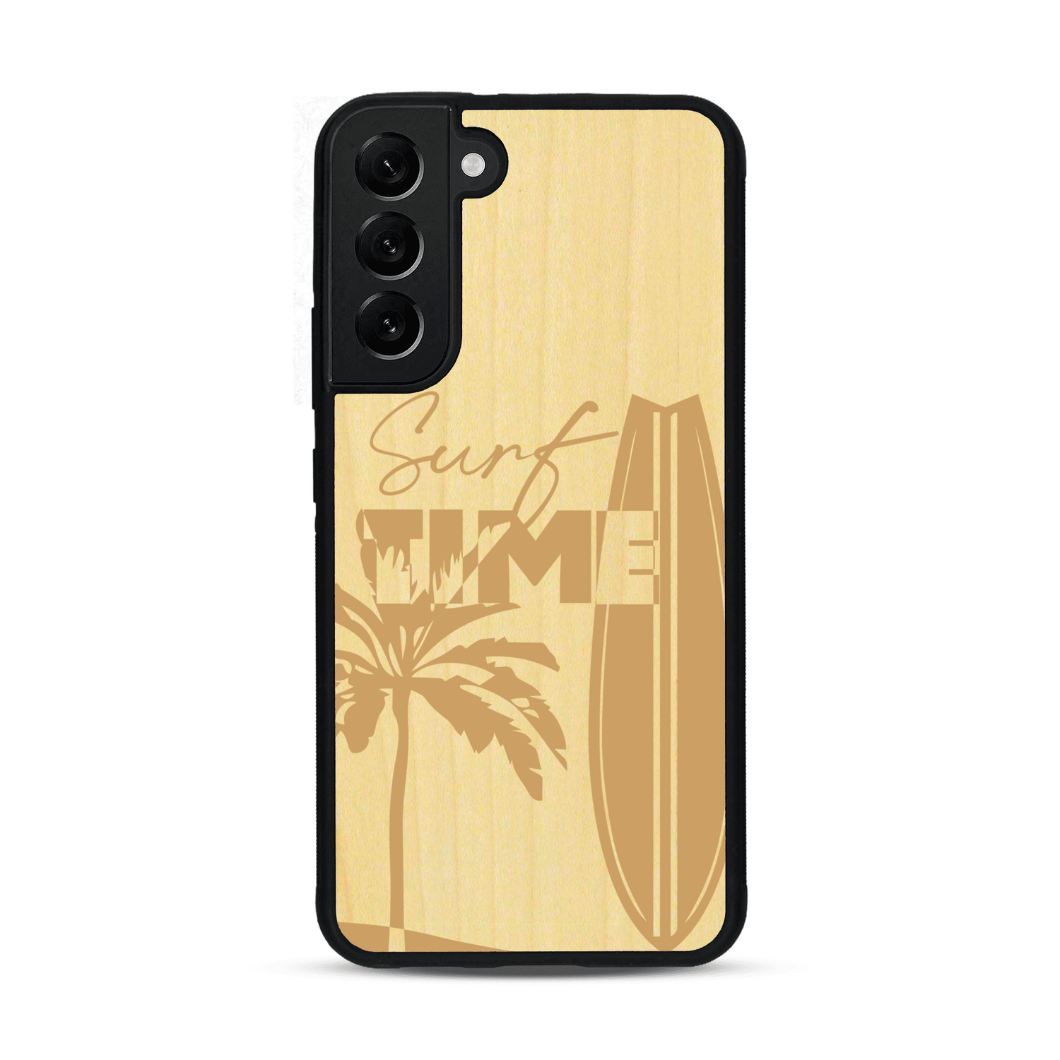 Coque de protection en bois véritable fabriquée en France pour  sur le thème chill avec un motif représentant une silouhette tenant une planche de surf sur une plage entouré de palmiers et les mots "Surf Time Long Beach Miami"