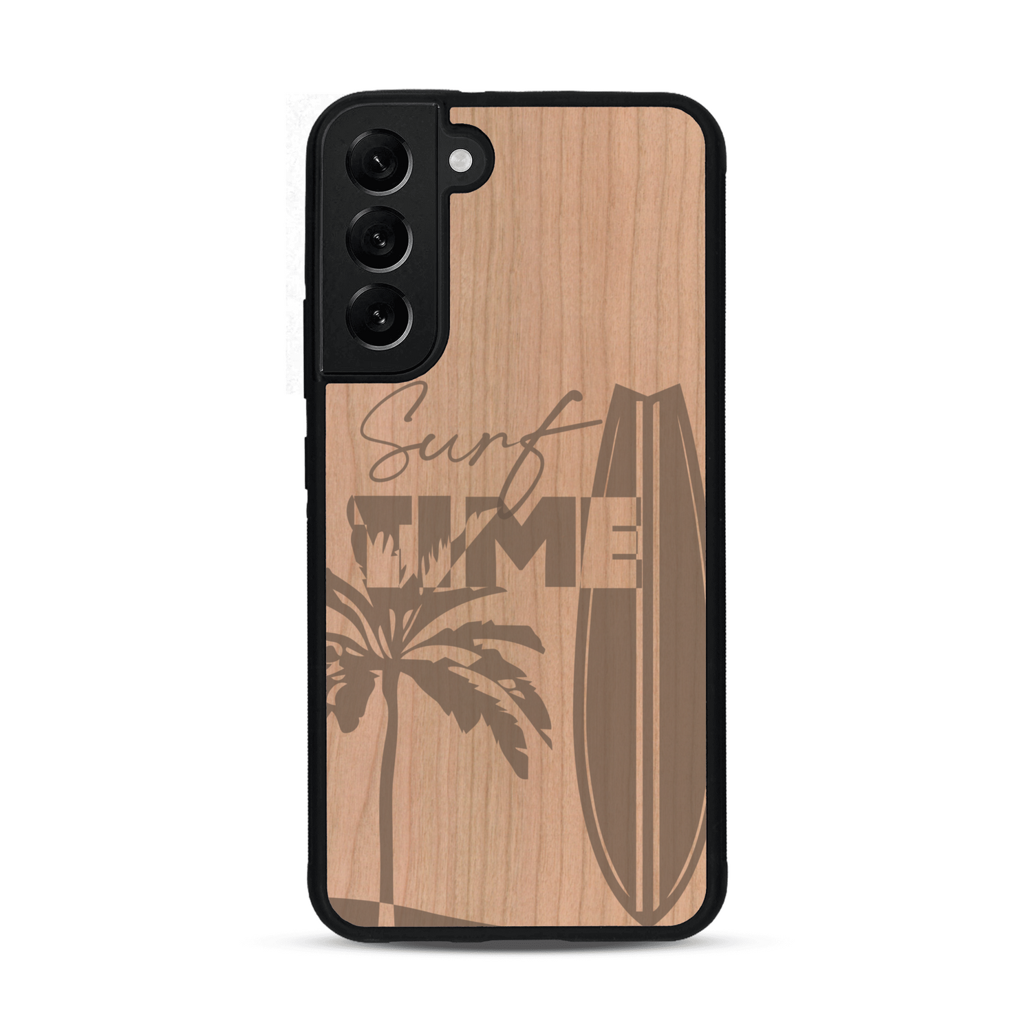 Coque de protection en bois véritable fabriquée en France pour  sur le thème chill avec un motif représentant une silouhette tenant une planche de surf sur une plage entouré de palmiers et les mots "Surf Time Long Beach Miami"