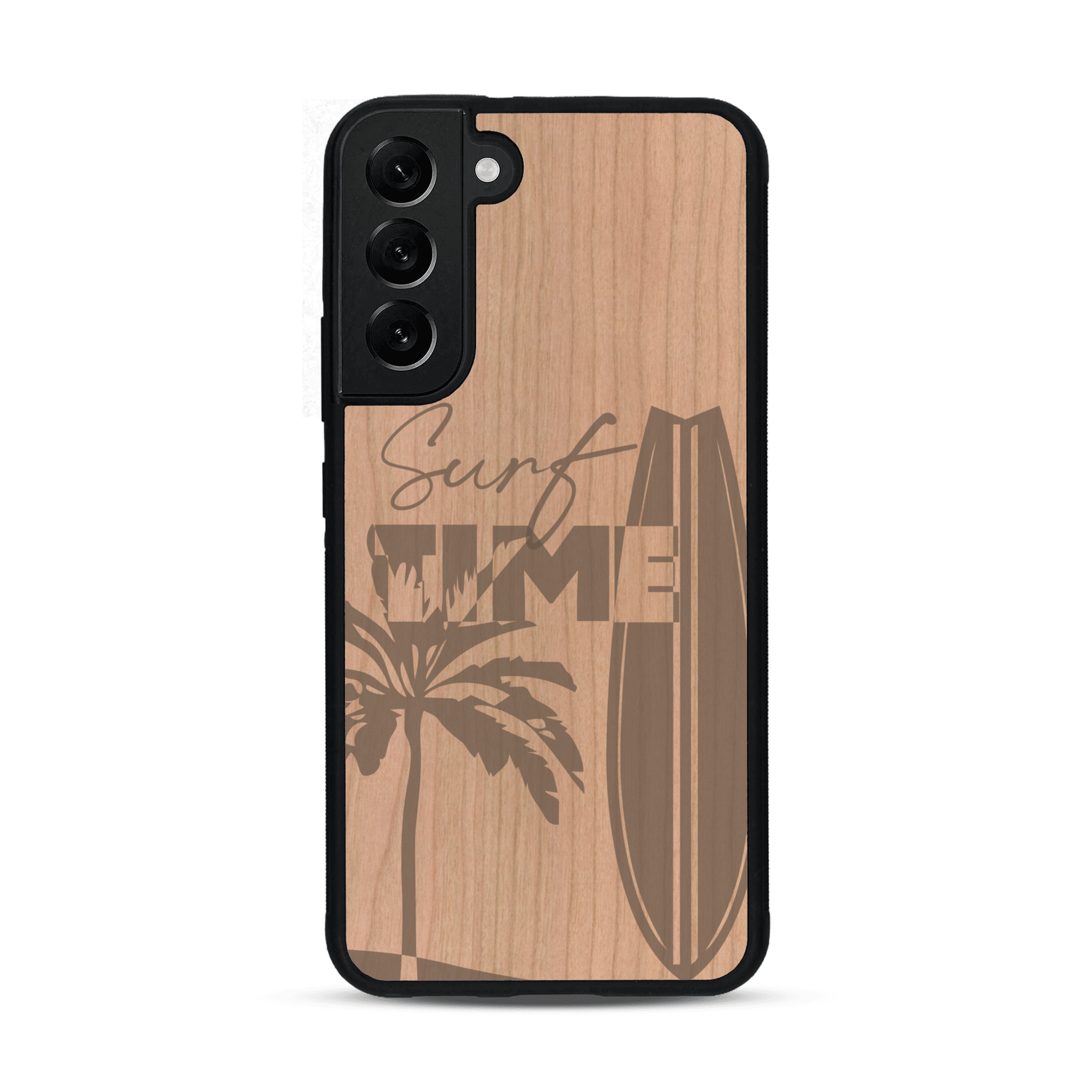 Coque de protection en bois véritable fabriquée en France pour  sur le thème chill avec un motif représentant une silouhette tenant une planche de surf sur une plage entouré de palmiers et les mots "Surf Time Long Beach Miami"