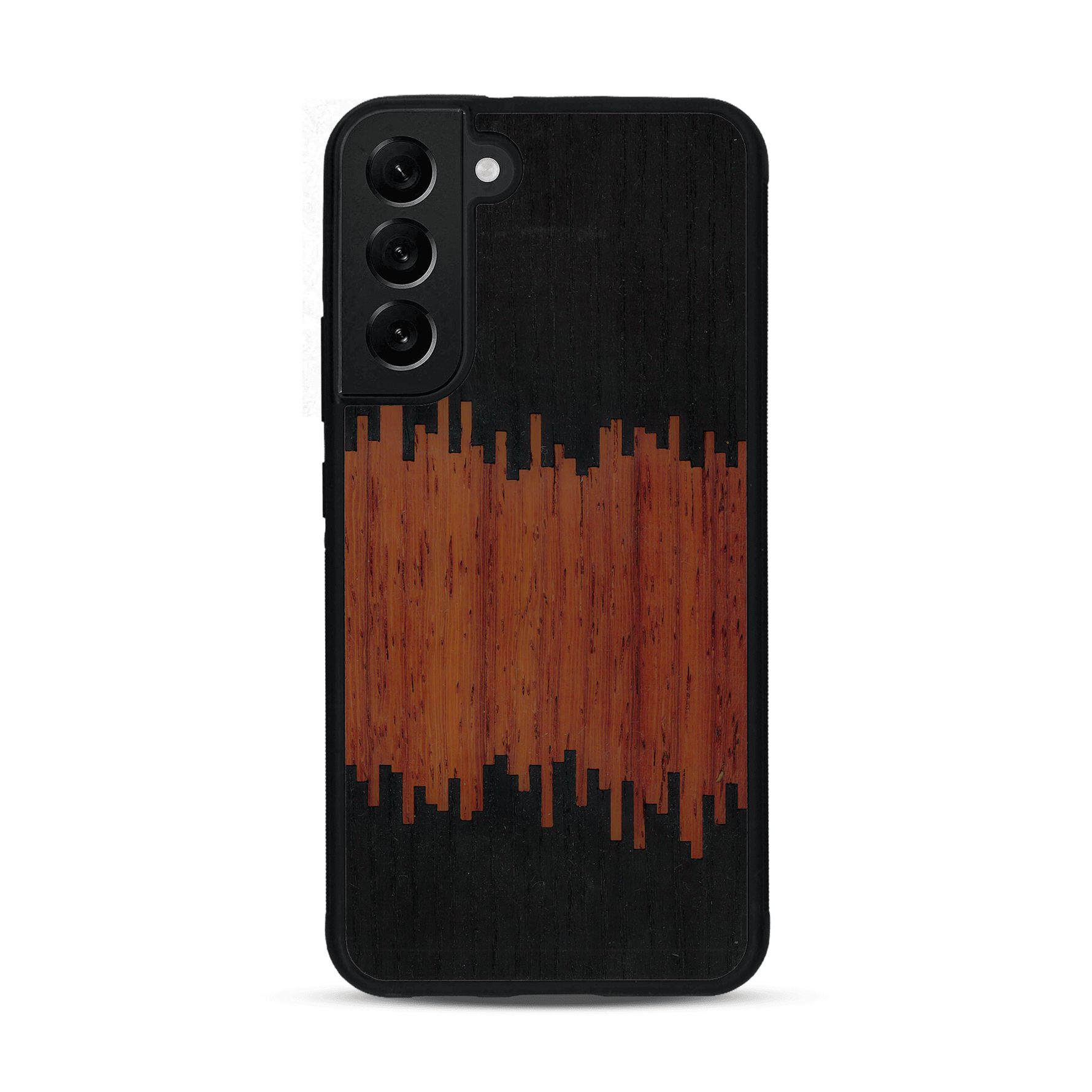 Coque de protection en bois véritable fabriquée en France pour  alliant plusieurs essences de bois pour représenter du magma en fusion