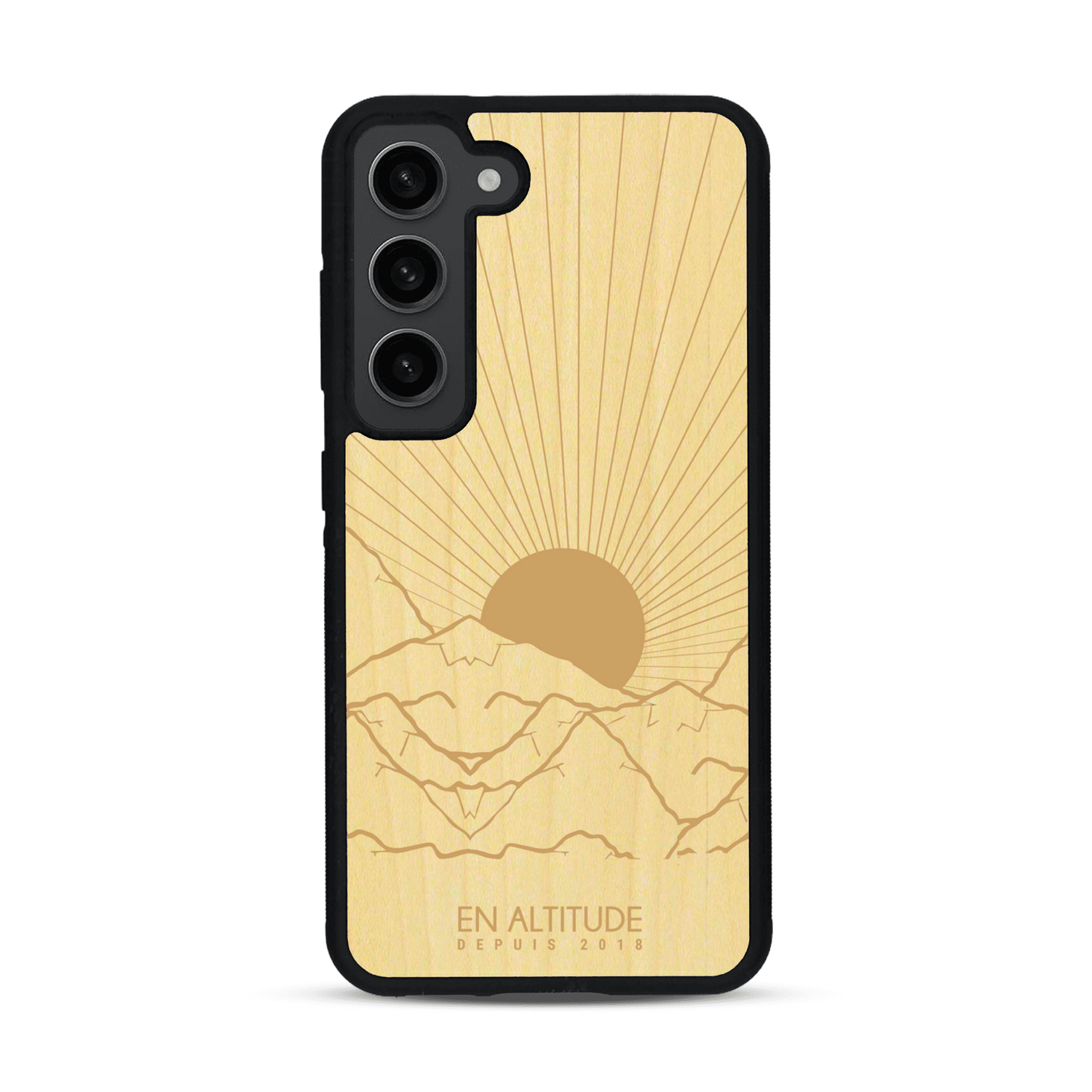 Coque de protection en bois véritable fabriquée en France pour  représentant des montagnes, sur le thème de la randonnée en pleine nature et du trail
