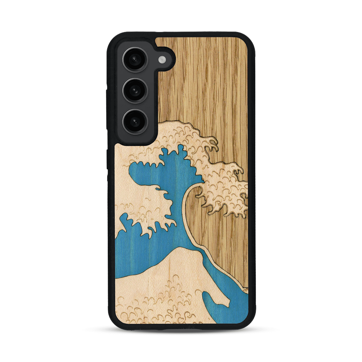 Coque de protection en bois véritable fabriquée en France pour  alliant plusieurs essences de bois pour représenter la célèbre grande vague de Kanagawa