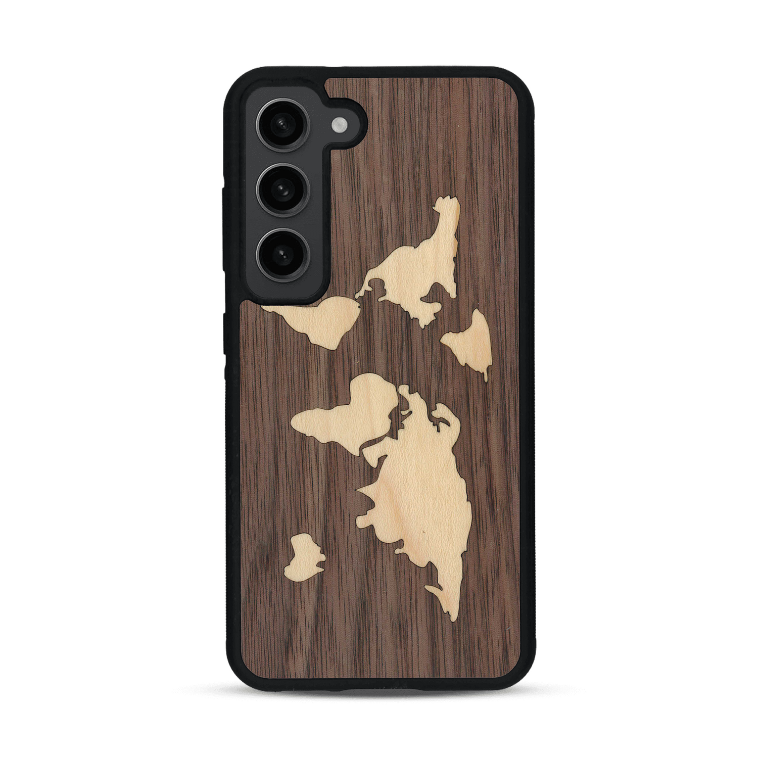 Coque de protection en bois véritable fabriquée en France pour  alliant du bambou et du noyer sur le thème du voyage et de l'aventure représentant une mappemonde