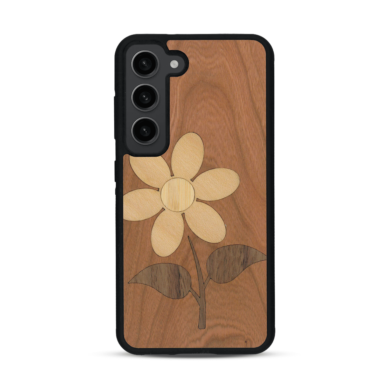 Coque de protection en bois véritable fabriquée en France pour  alliant plusieurs essences de bois pour représenter une marguerite