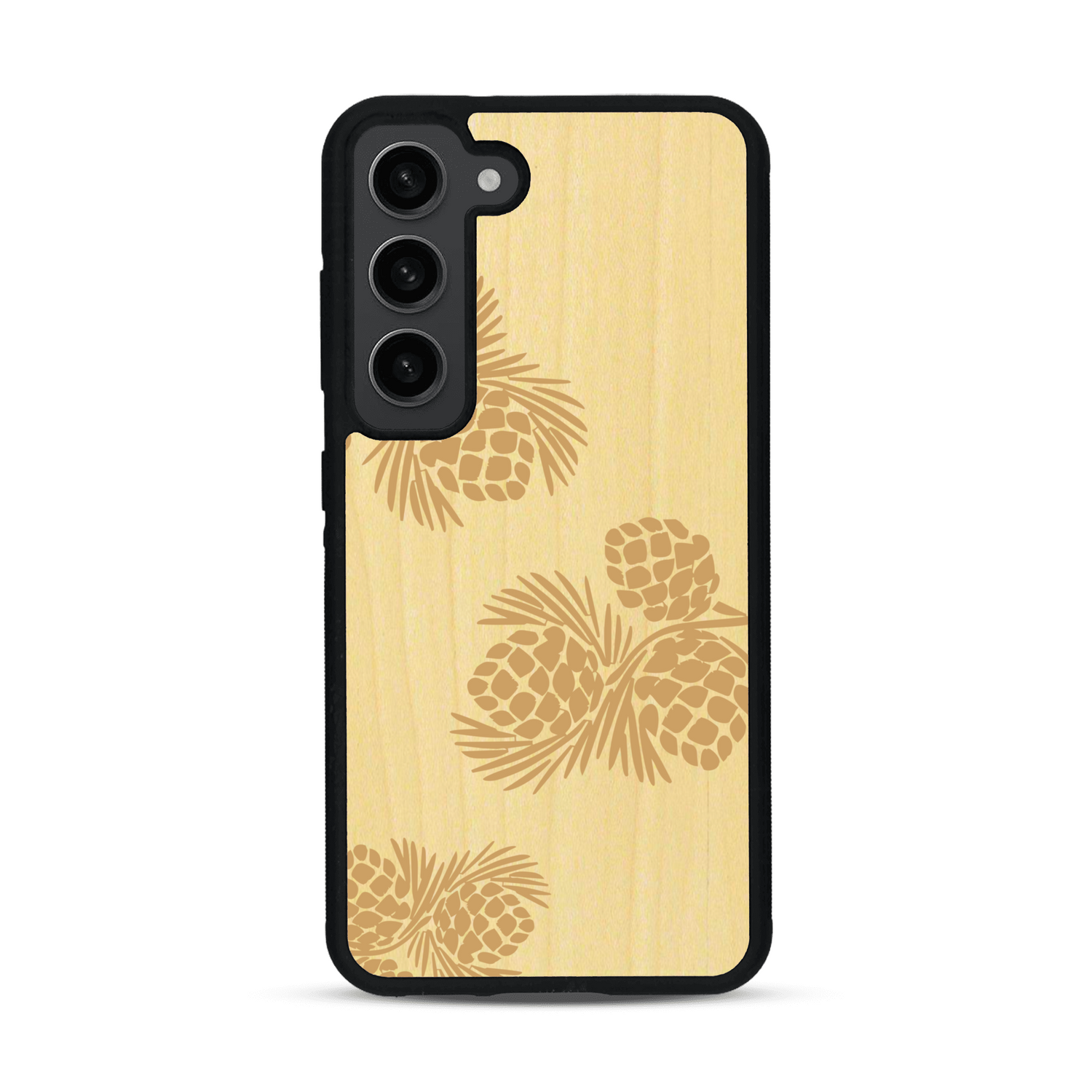 Coque de protection en bois véritable fabriquée en France pour  sur le thème de la nature des arbres avec un motif de gravure représentant des épines de sapin et des pommes de pin