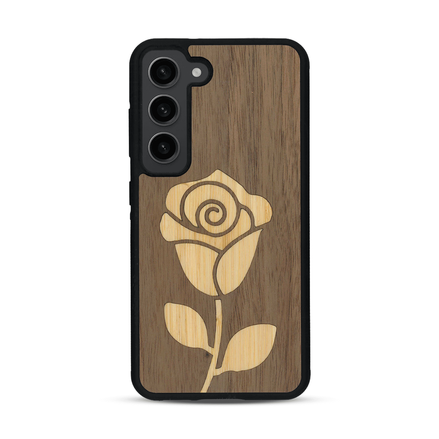 Coque de protection en bois véritable fabriquée en France pour  alliant plusieurs essences de bois pour représenter une rose