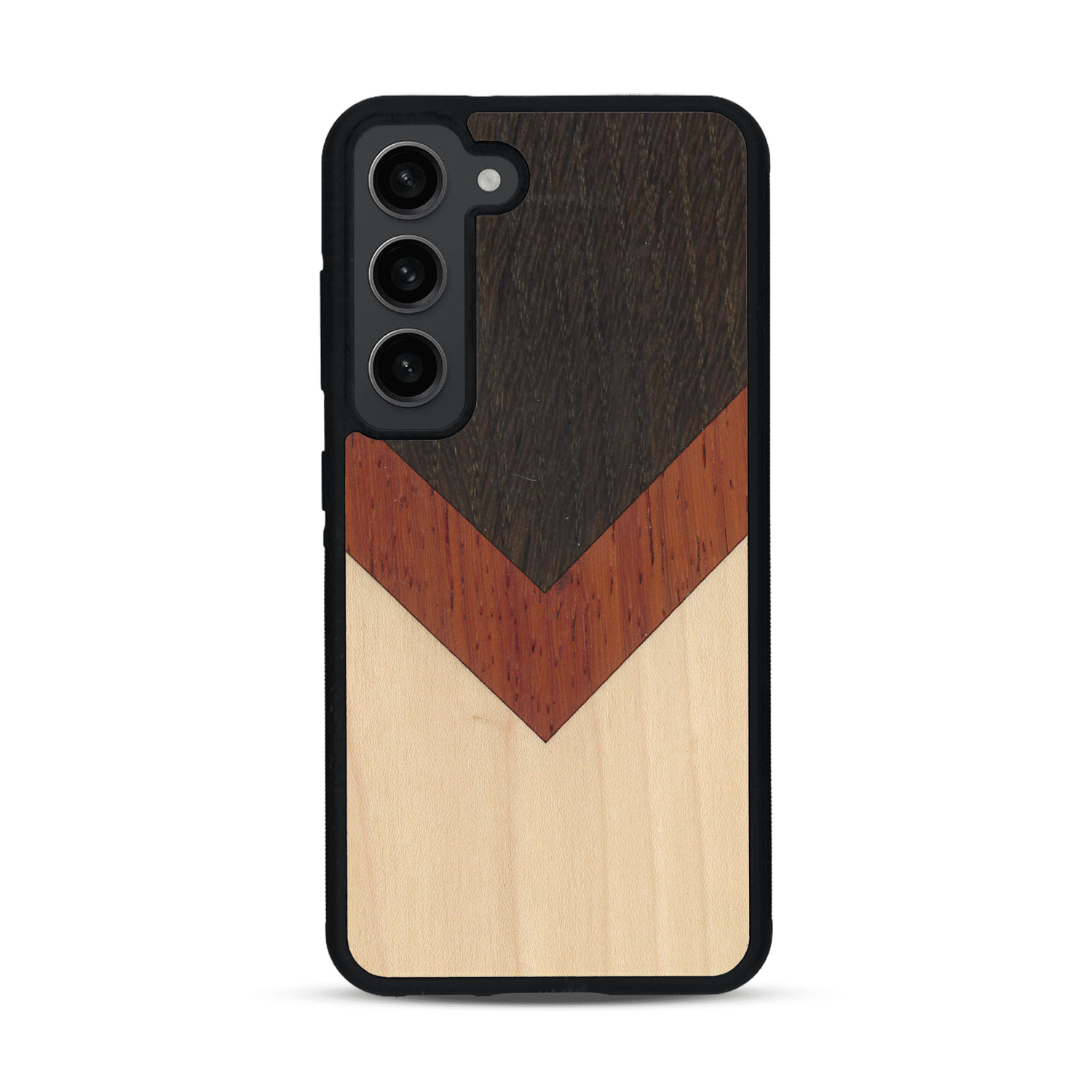 Coque de protection en bois véritable fabriquée en France pour  alliant du chêne fumé, du padouk et du bambou en forme de chevron sur le thème de l'art abstrait