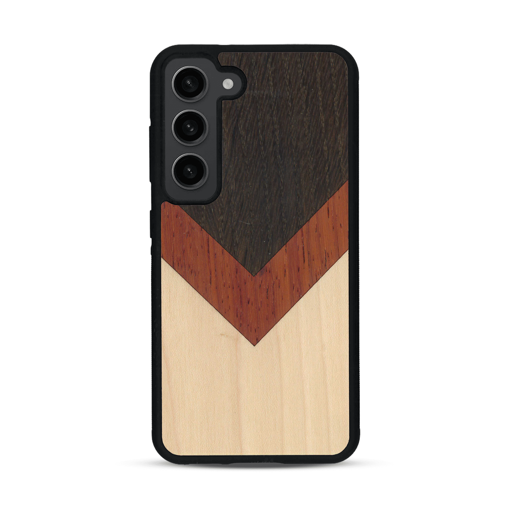 Coque de protection en bois véritable fabriquée en France pour  alliant du chêne fumé, du padouk et du bambou en forme de chevron sur le thème de l'art abstrait