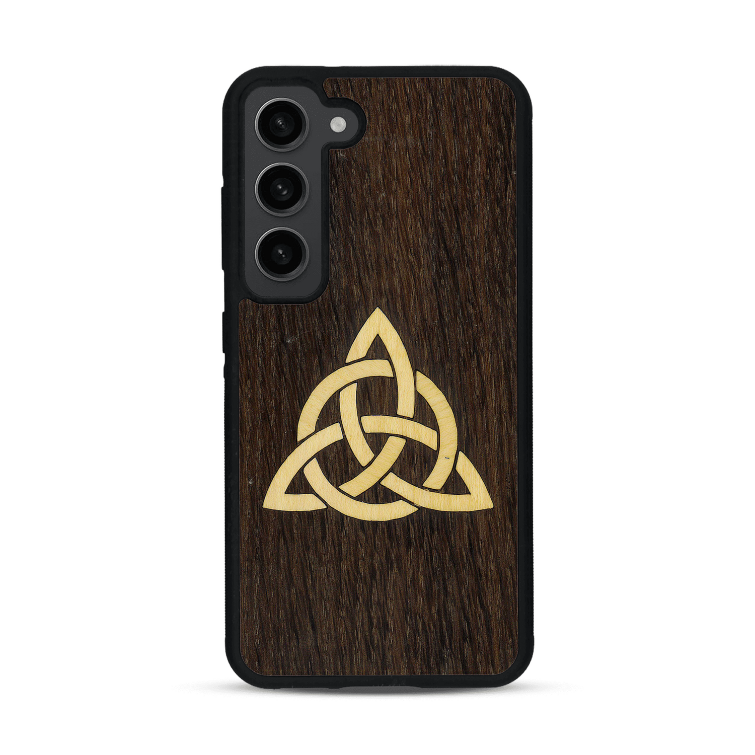 Coque de protection en bois véritable fabriquée en France pour  alliant du chêne fumé et du bambou représentant une triquetra