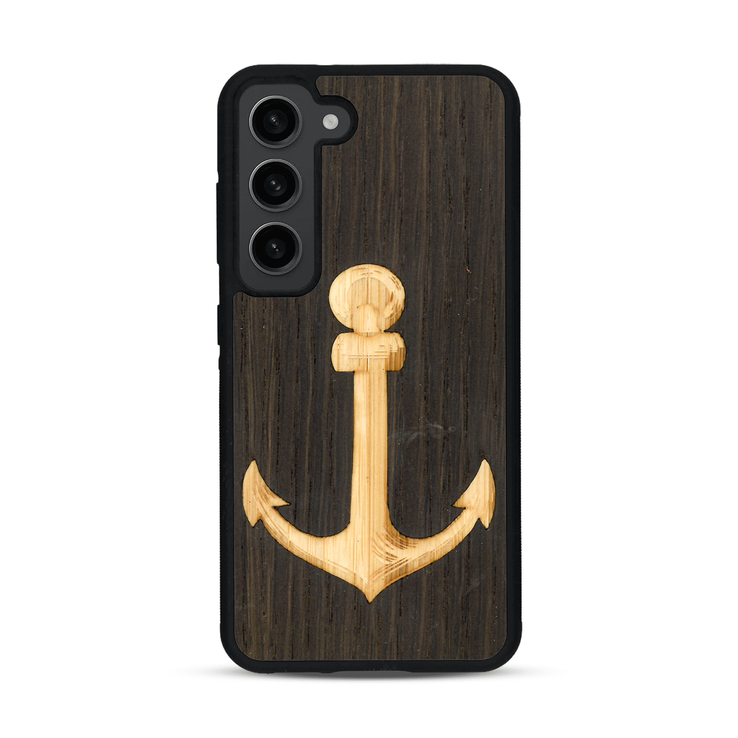 Coque de protection en bois véritable fabriquée en France pour  sur le thème nautique avec un bois clair et un bois foncé représentant une ancre de bateau