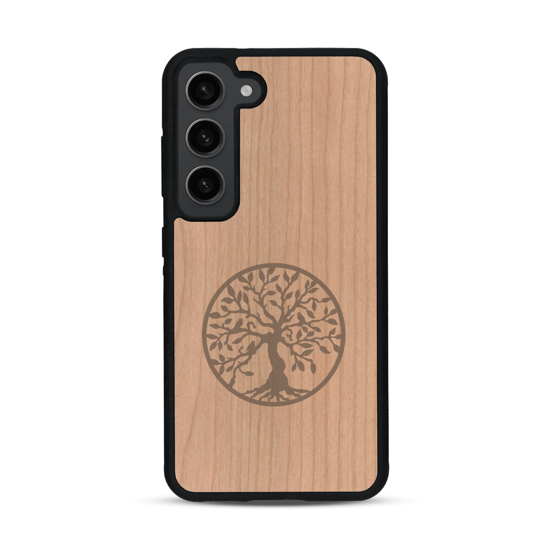 Coque de protection en bois véritable fabriquée en France pour  sur le thème de la spiritualité et du yoga avec une gravure zen représentant un arbre de vie