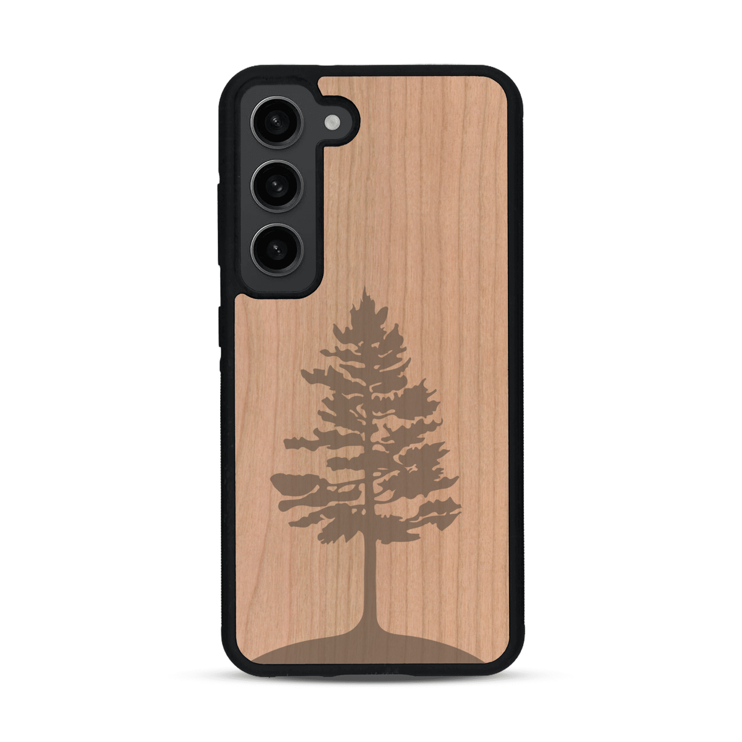 Coque de protection en bois véritable fabriquée en France pour  sur le thème de la nature, de la fôret et de l'écoresponsabilité avec une gravure représentant un arbre 