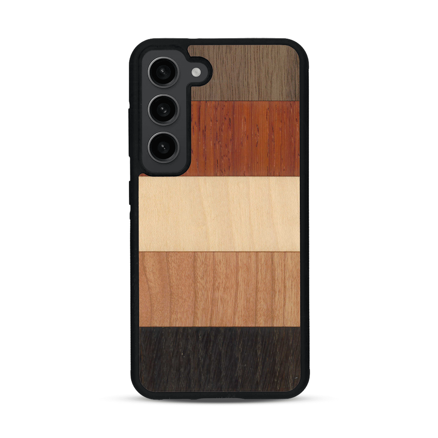 Coque de protection en bois véritable fabriquée en France pour  alliant des bandes horizontales de bambou, merisier, padouk, noyer et chêne fumé