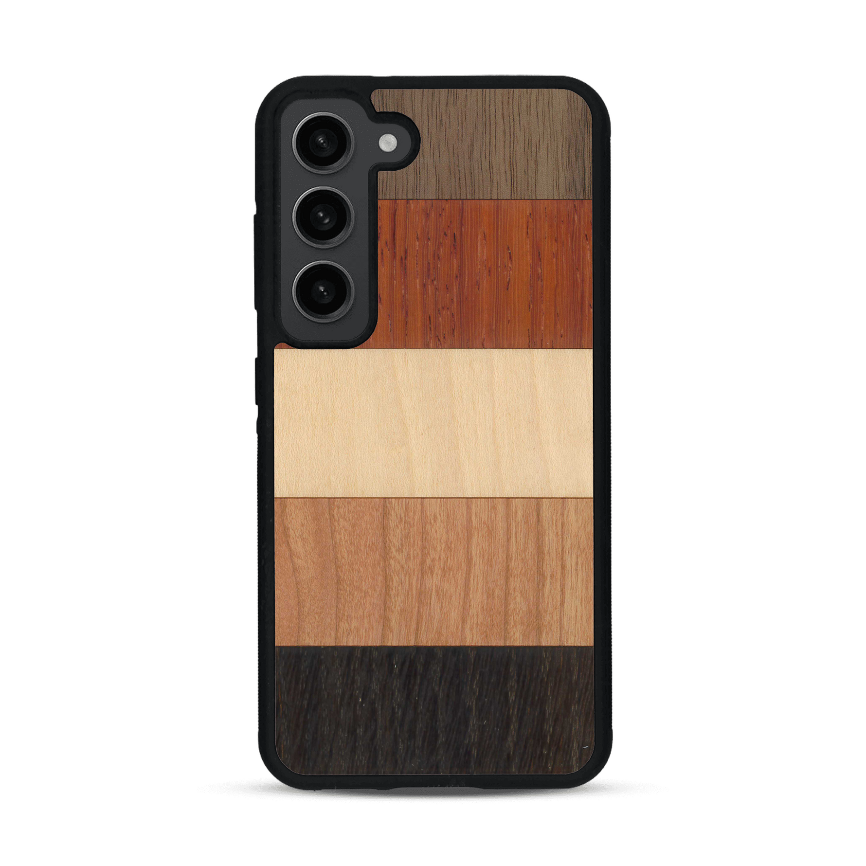 Coque de protection en bois véritable fabriquée en France pour  alliant des bandes horizontales de bambou, merisier, padouk, noyer et chêne fumé