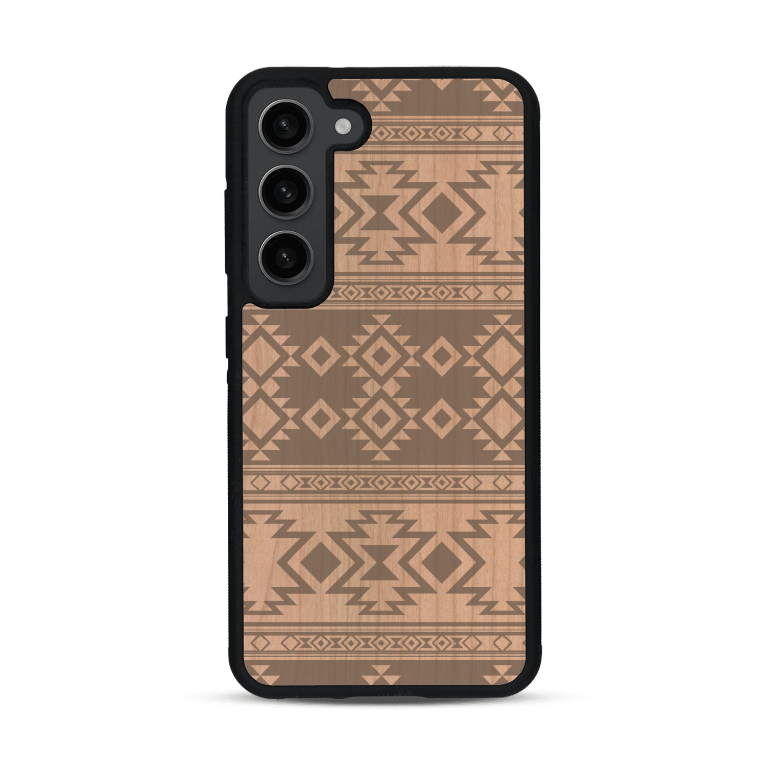 Coque de protection en bois véritable fabriquée en France pour  avec des motifs géométriques s'inspirant des temples aztèques, mayas et incas