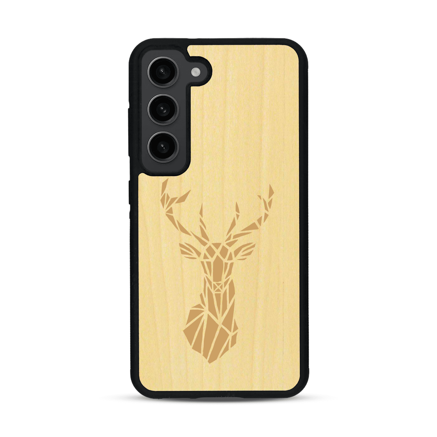 Coque de protection en bois véritable fabriquée en France pour  sur le thème de la nature et des animaux représentant une tête de cerf gométrique avec un design moderne et minimaliste