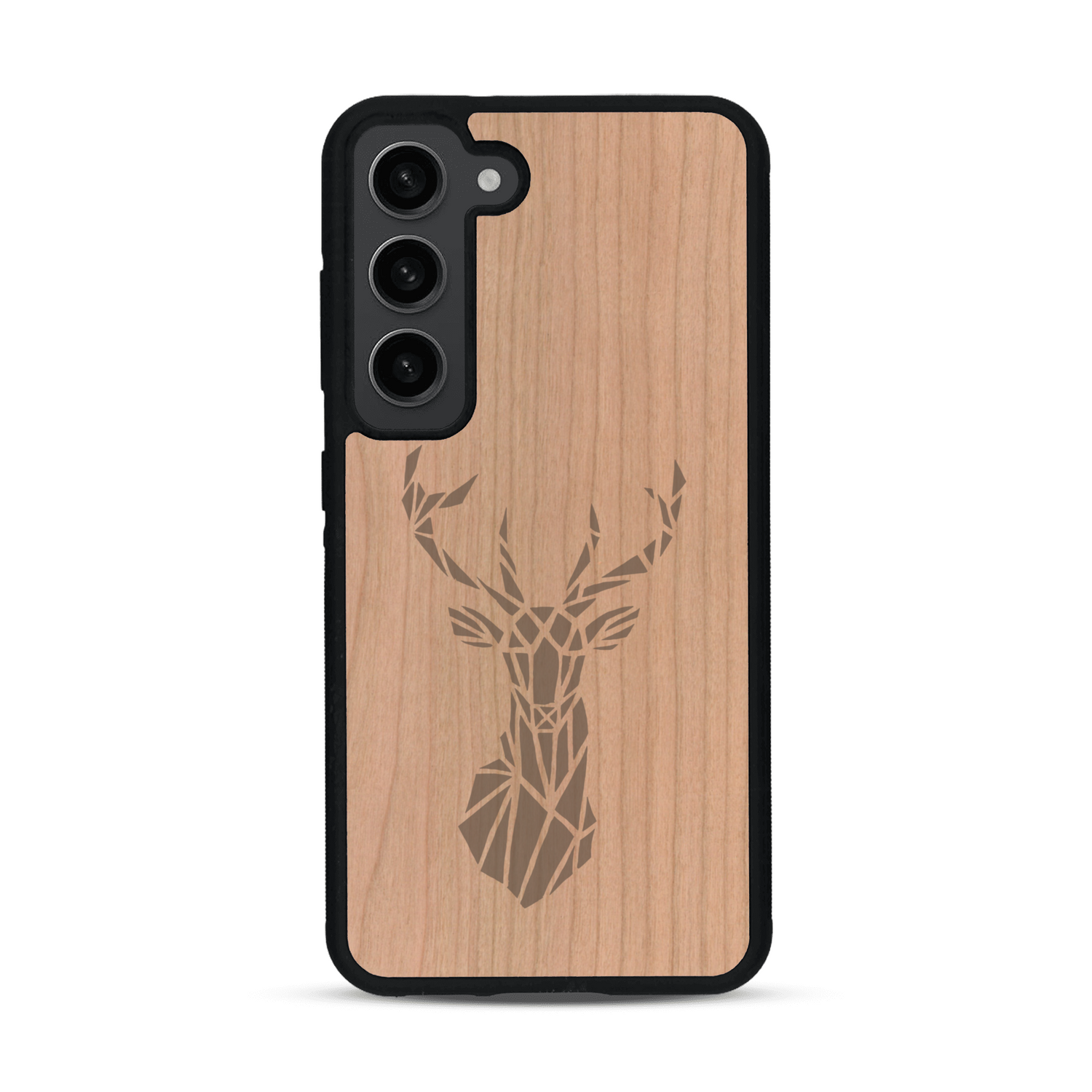 Coque de protection en bois véritable fabriquée en France pour  sur le thème de la nature et des animaux représentant une tête de cerf gométrique avec un design moderne et minimaliste