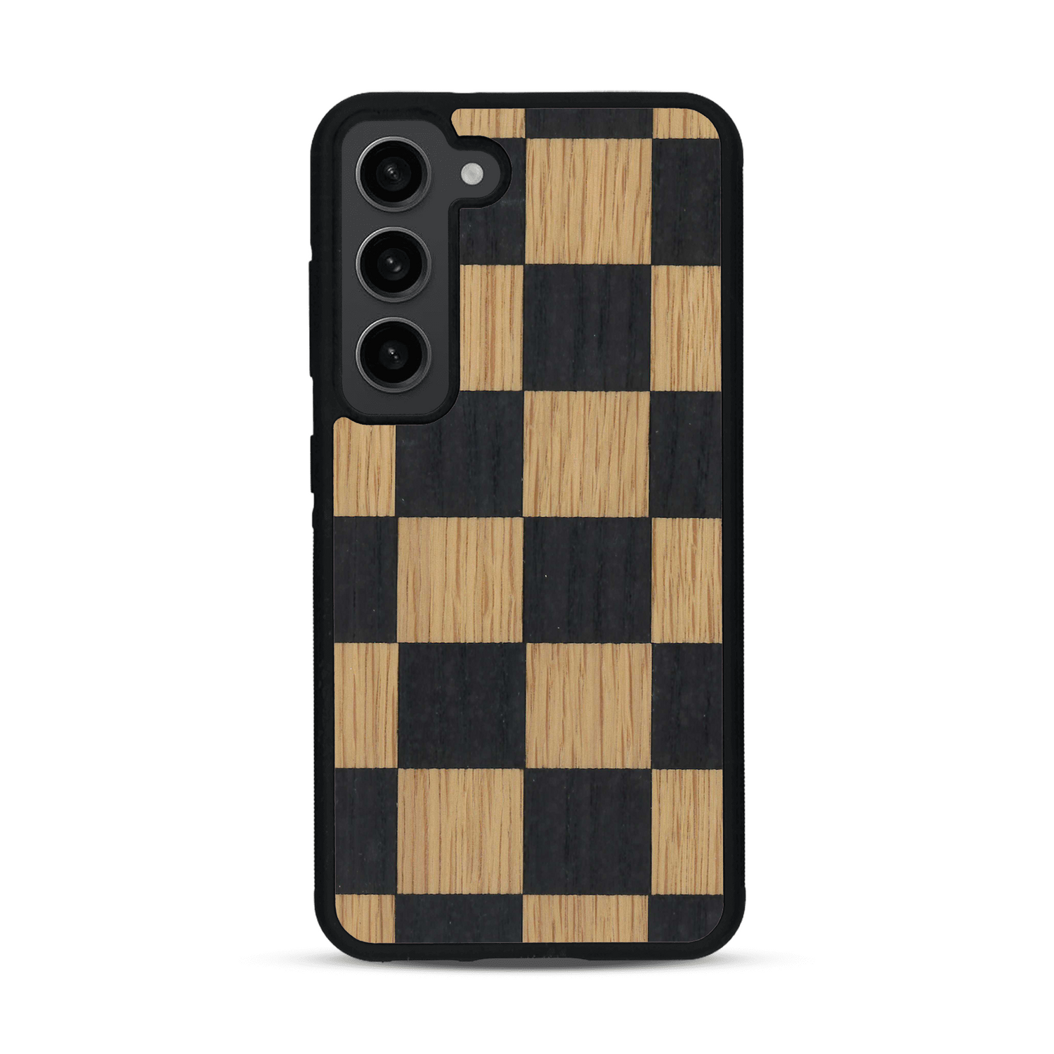 Coque de protection en bois véritable fabriquée en France pour  alliant plusieurs essences de bois pour représenter un damier