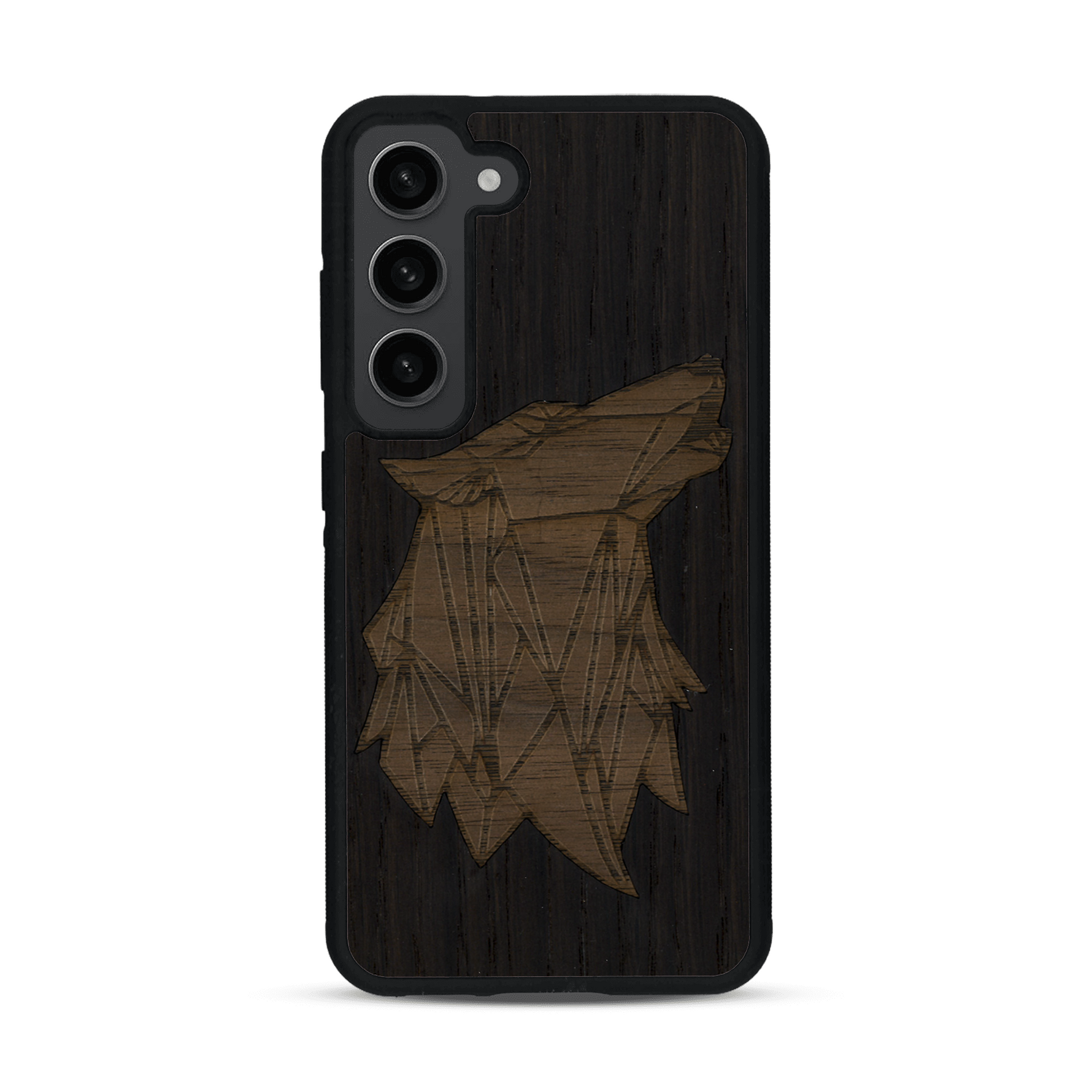Coque de protection en bois véritable fabriquée en France pour  alliant du chêne fumé et du noyer représentant une tête de loup géométrique de profil sur le thème des animaux et de la nature