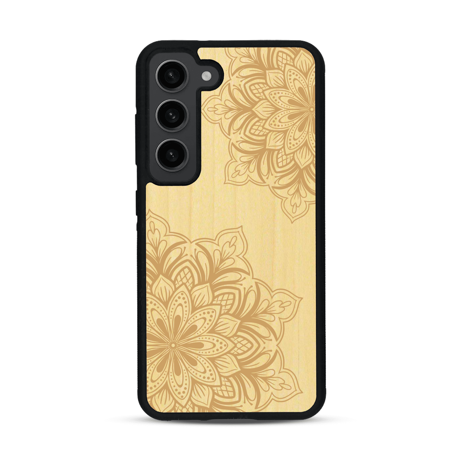 Coque de protection en bois véritable fabriquée en France pour  sur le thème de la bohème et du tatouage au henné avec une gravure représentant un mandala