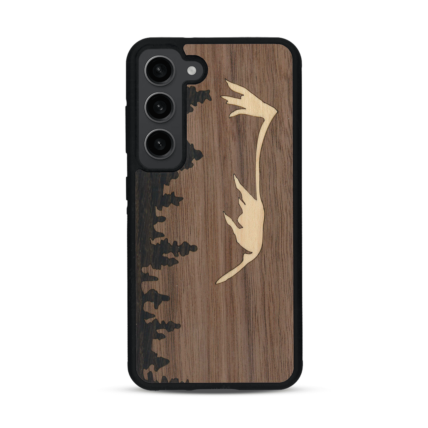 Coque de protection en bois véritable fabriquée en France pour  sur le thème de la nature et de la montagne qui allie du chêne fumé, du noyer et du bambou représentant le mont mézenc