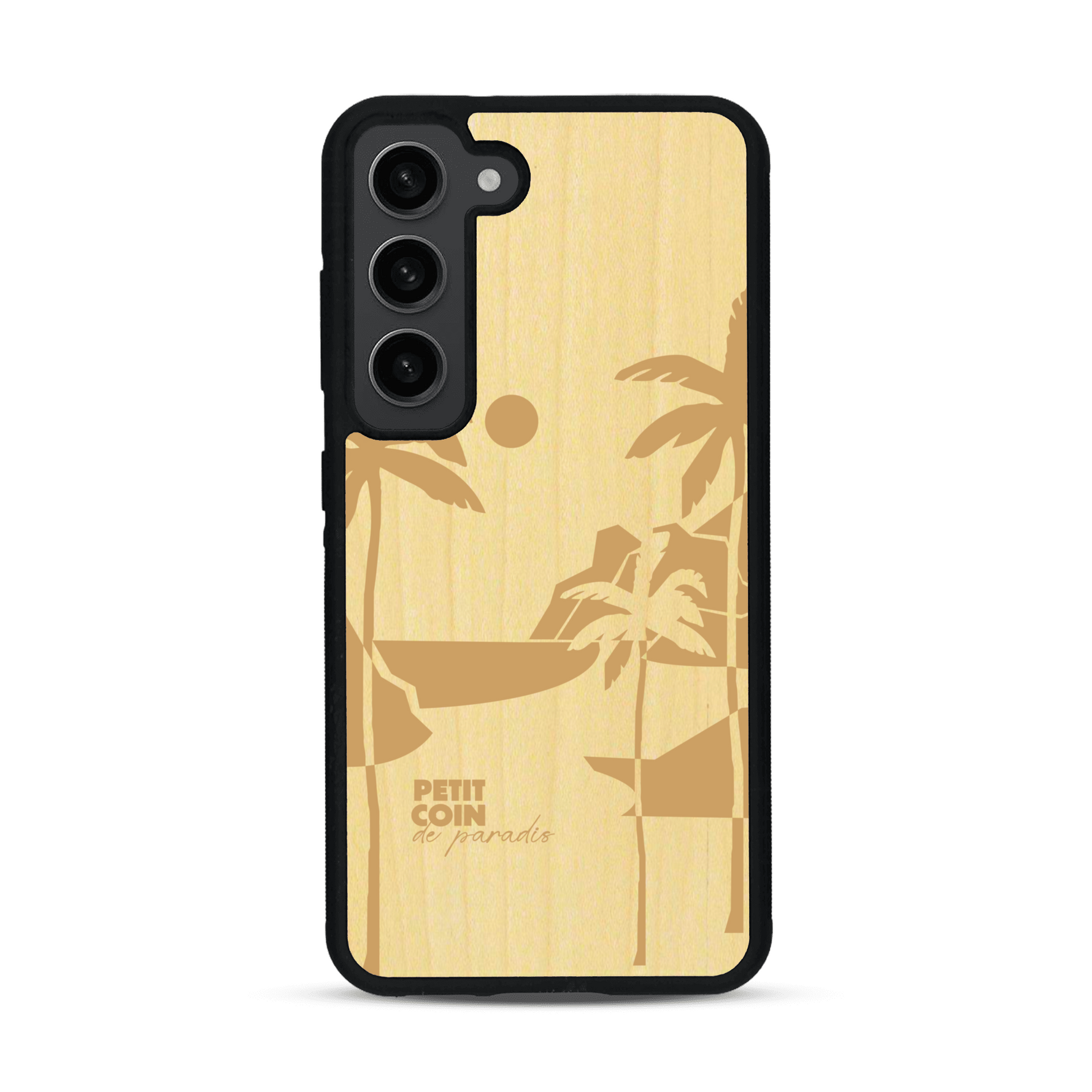 Coque de protection en bois véritable fabriquée en France pour  sur le thème des voyages en vans, vanlife et chill avec une gravure représentant un van vw combi devant le soleil couchant sur une plage avec des vagues