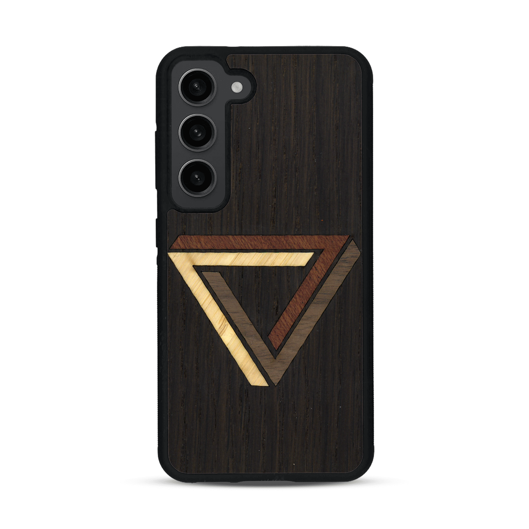 Coque de protection en bois véritable fabriquée en France pour  sur le thème de l'art géométrique qui allie du chêne fumé, du noyer, du bambou et du padouk représentant le triangle de penrose