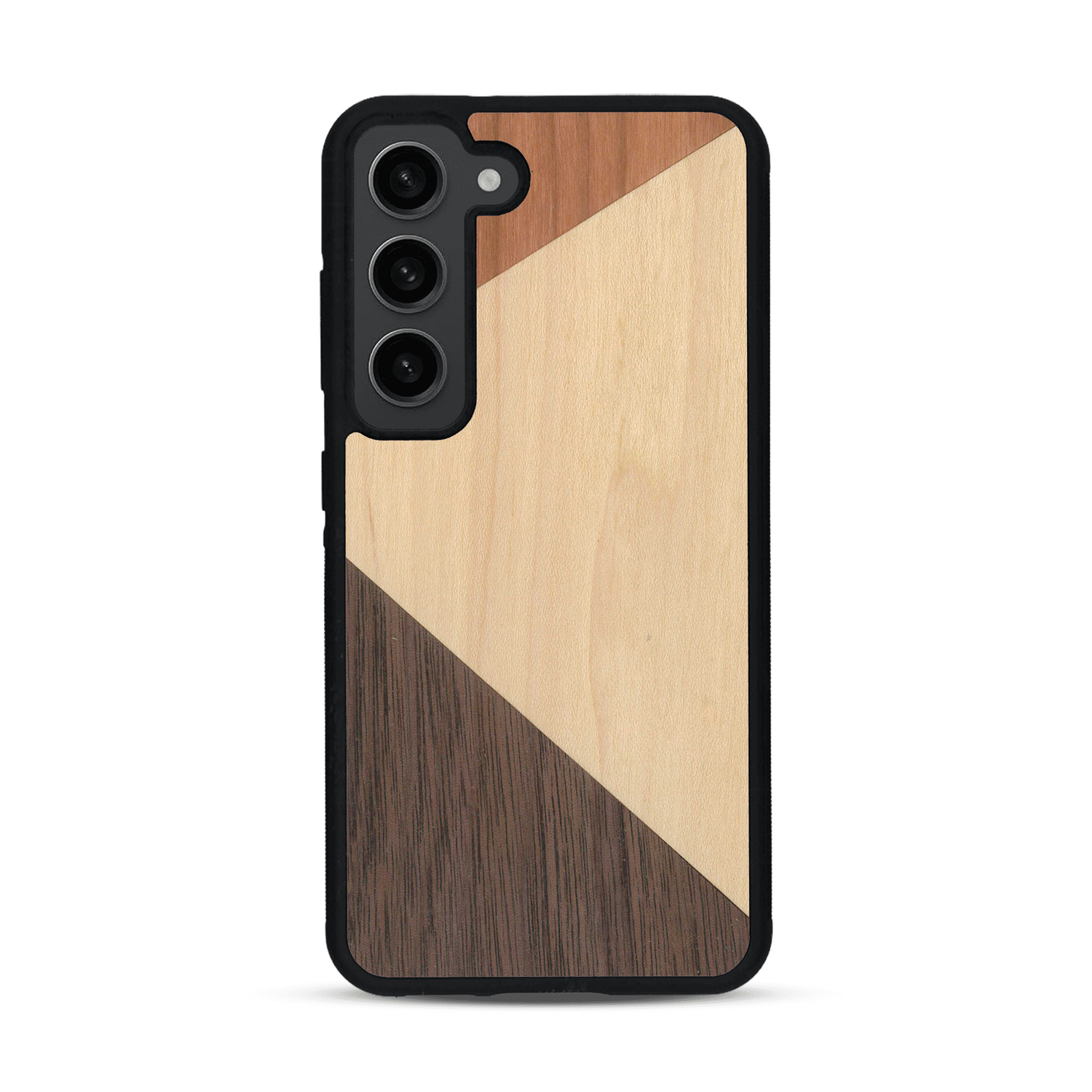 Coque de protection en bois véritable fabriquée en France pour  alliant du merisier, du noyer et du bambou formant chacun deux triangles et un trapèze avec deux jointures en diagonale sur le thème de l'art abstrait