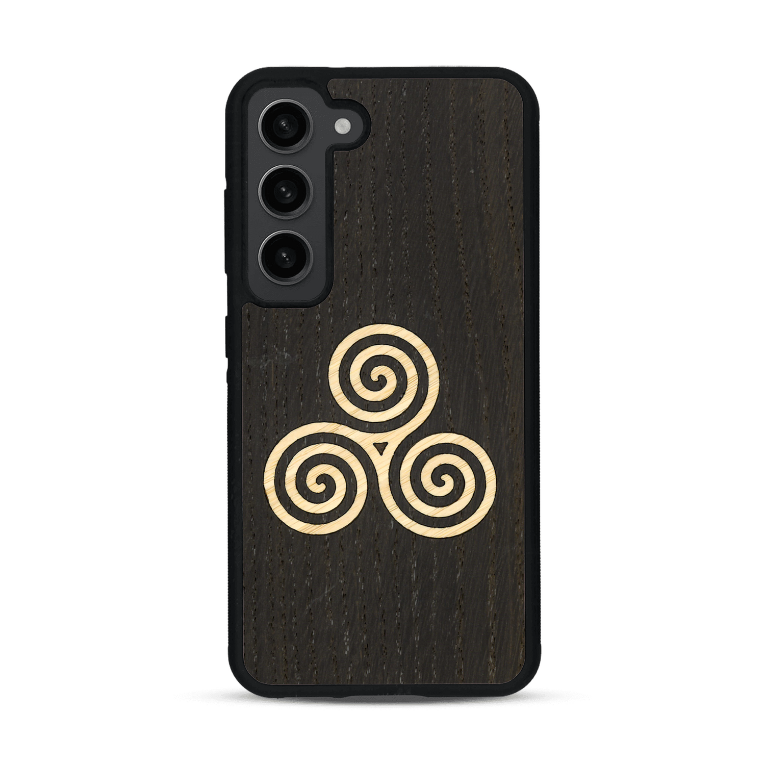 Coque de protection en bois véritable fabriquée en France pour  alliant du chêne fumé et du bambou et doré représentant un triskell