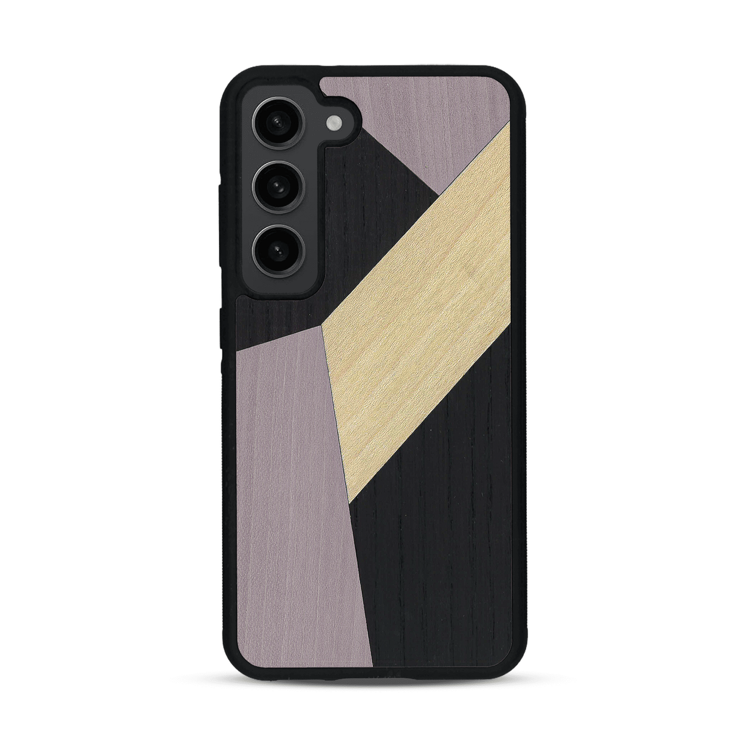 Coque de protection en bois véritable fabriquée en France pour  alliant du bambou, du tulipier mauve et noir en forme de mosaïque minimaliste sur le thème de l'art abstrait