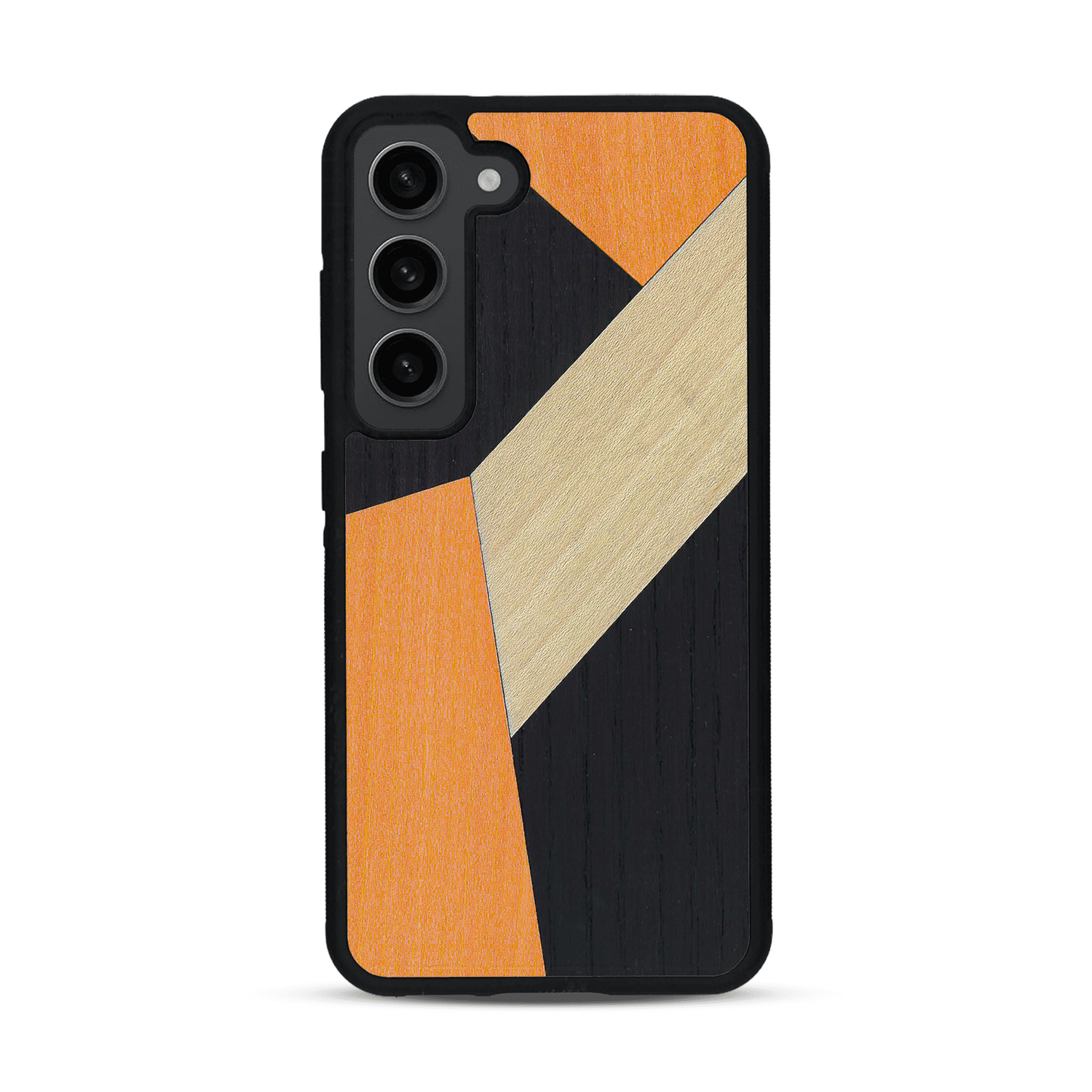 Coque de protection en bois véritable fabriquée en France pour  alliant du bambou, du tulipier orange et noir en forme de mosaïque minimaliste sur le thème de l'art abstrait